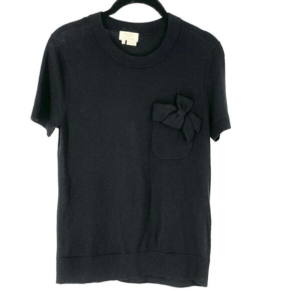 Kate Spade Black Silk Blend Bow Pocket Crew Short Sleeve Pullover Sweater Small - Picture 2 of 7